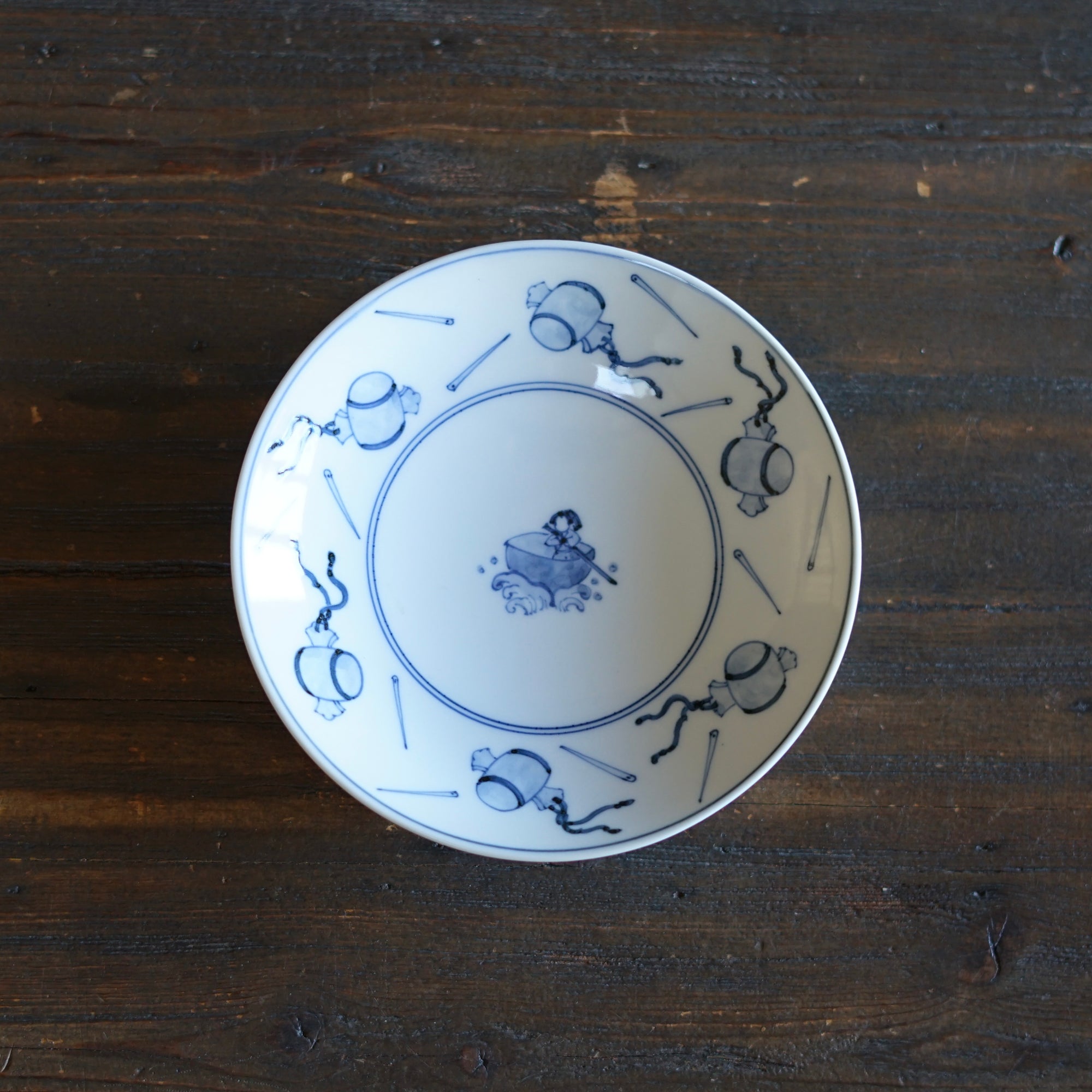 Blue and White Dessert Plate "Issun-bōshi" Folktales #Hi6B