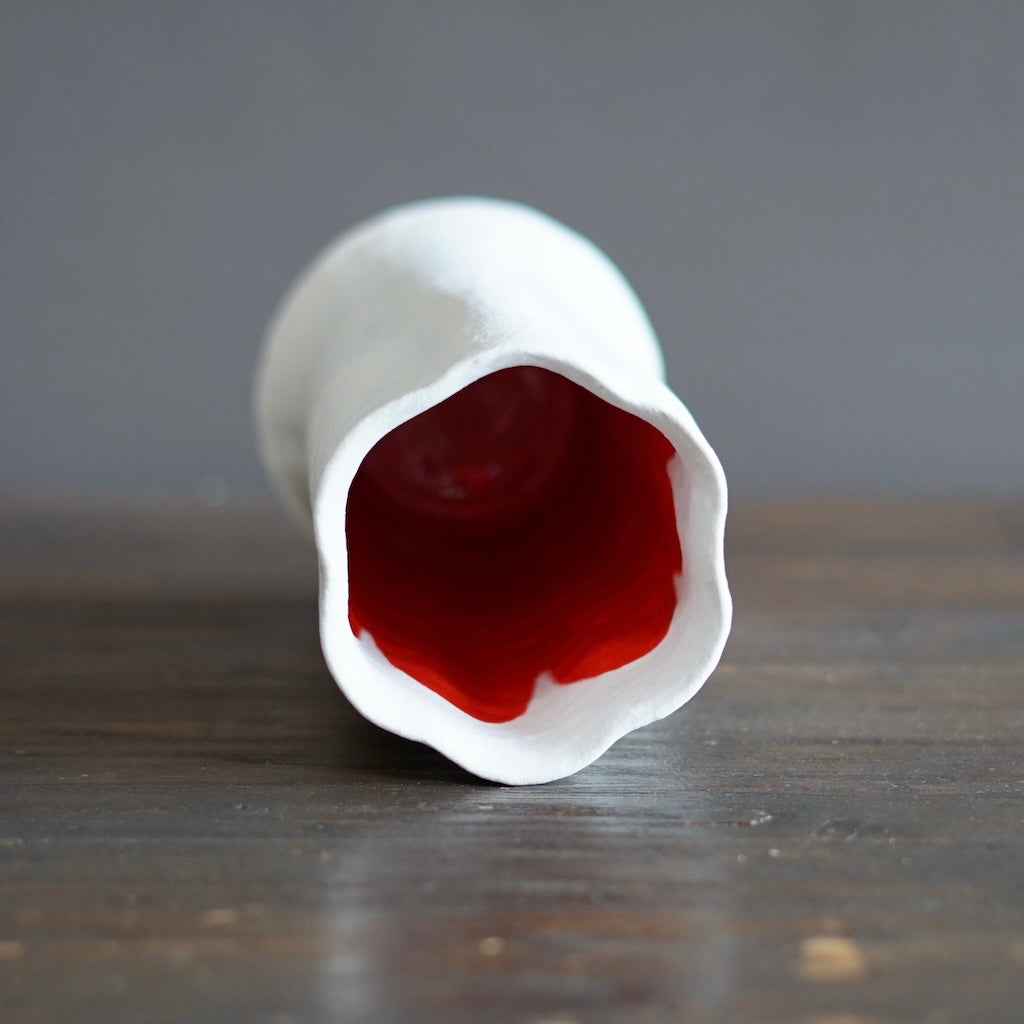 White / Red Fluted Vase #JT404