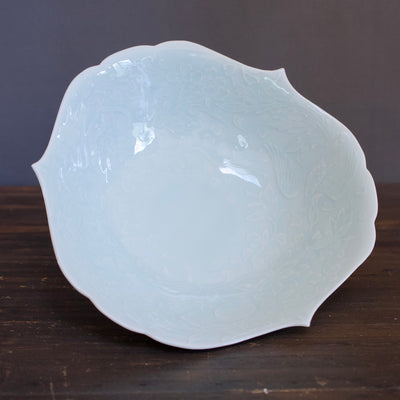 Blue Celadon Flower, Bird, and Rabbit Serving Bowl #KG13